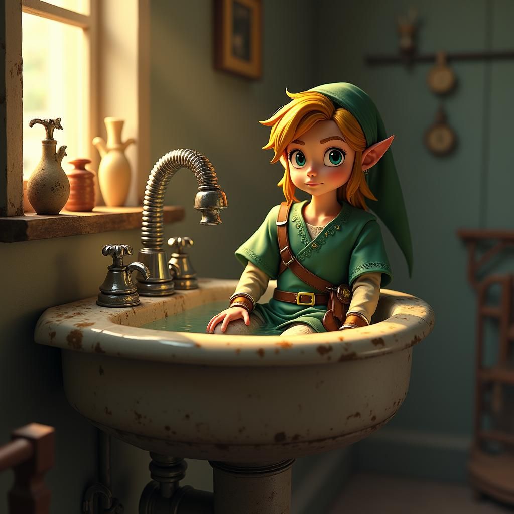 Link Relaxing in a Vintage Sink, Miyazaki Style