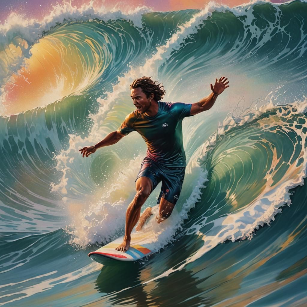 Surfer Rides a Tropical Wave: Hyperrealistic Splash Art