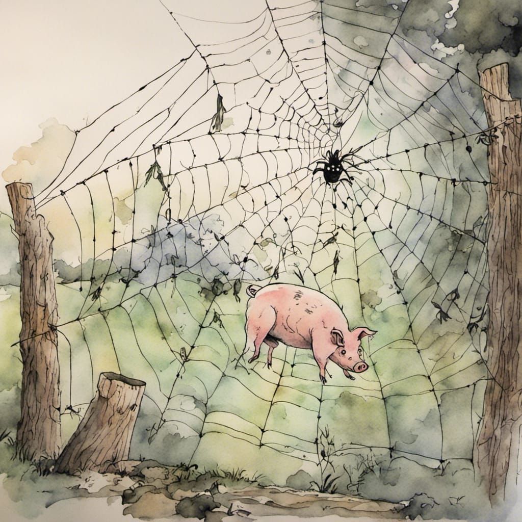 Charlotte’s Web Wilber pig spider ink watercolor