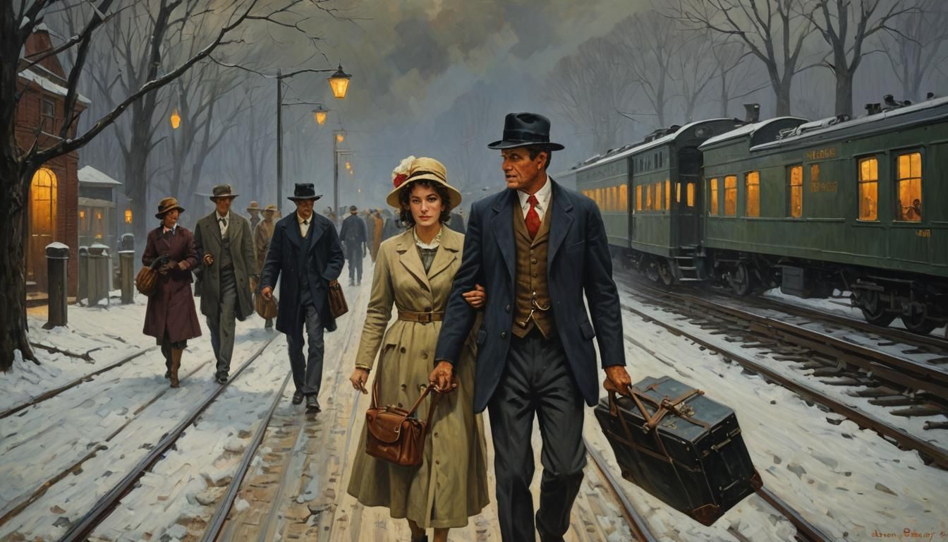 Woman's Midnight Train Departure: Impasto Oil Painting