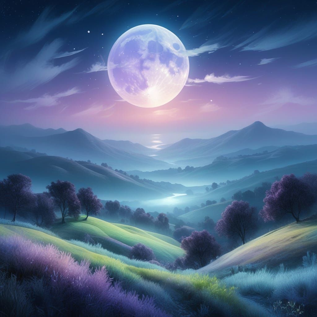 Dreamy Watercolor Moonlit Landscape in Soft Blues and Purple...