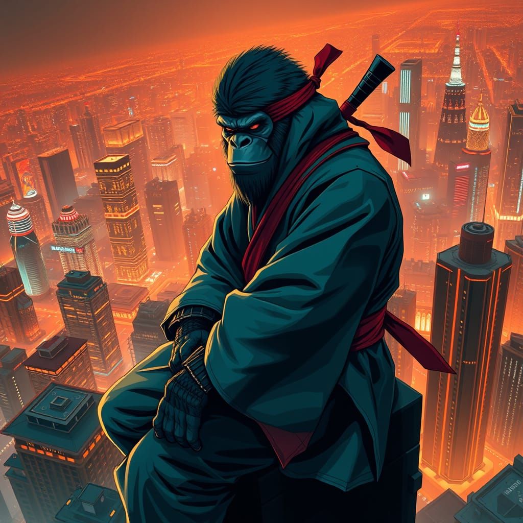 Kong Ninja in Futuristic Cityscape, Hyperrealistic Style