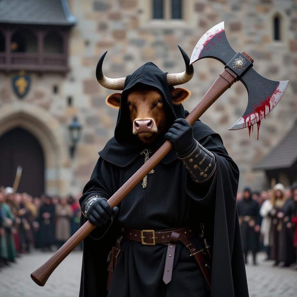 Bull as Medieval Executioner with Bloody Axe