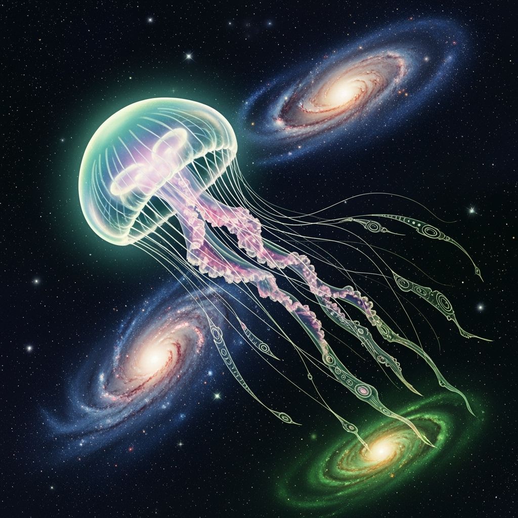 Iridescent Jellyfish Drifting Through Space in Surrealist St...