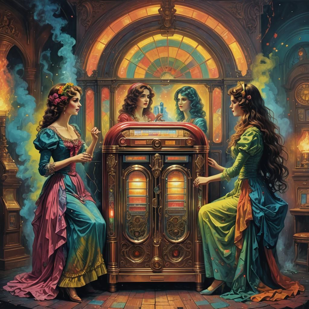 Psychedelic Women Enjoying Jukebox Music in Pop Art Style