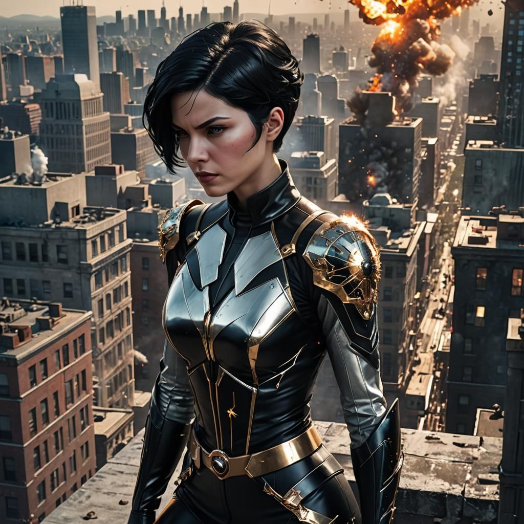 Supervillainess Overlooking City in Hyperrealistic Style