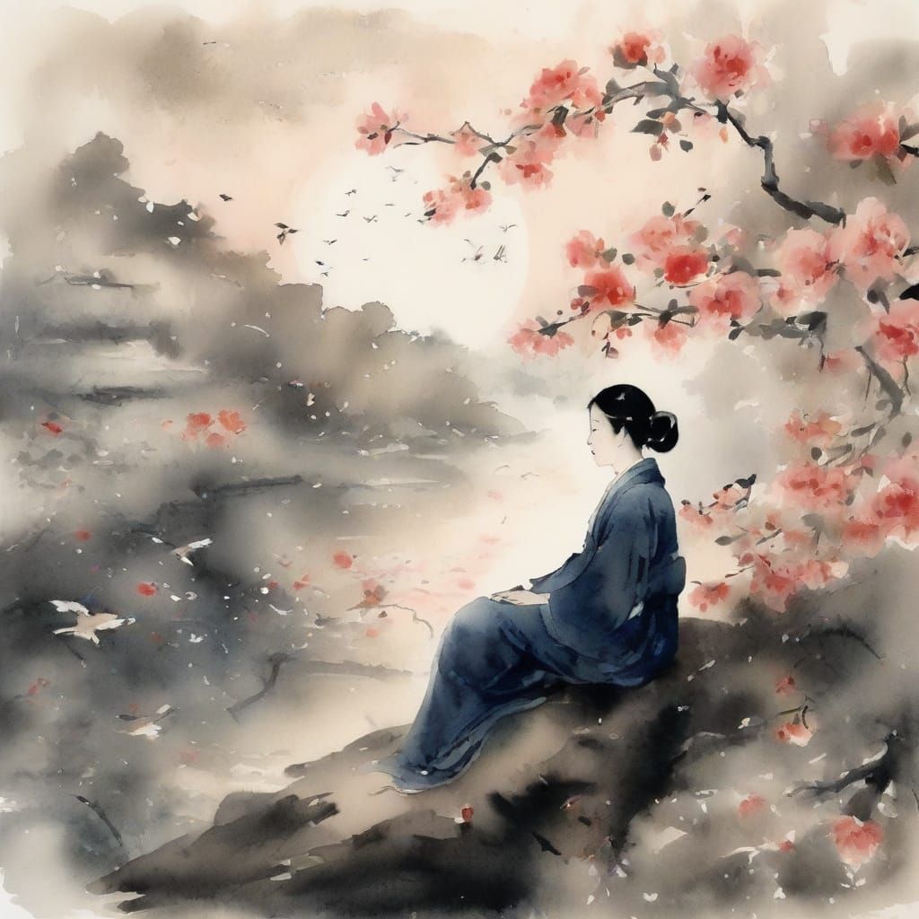 Poet Contemplating a Blooming Rose under Moonlight