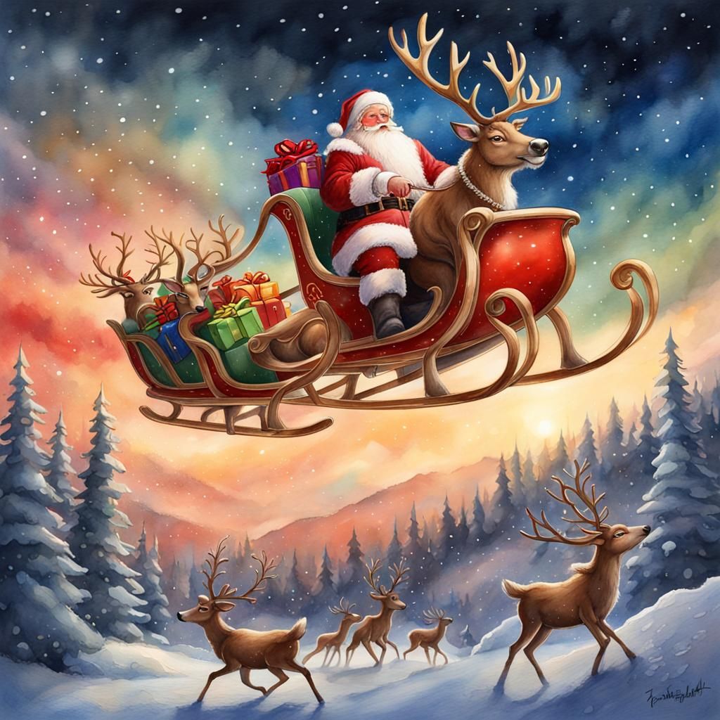 Santa's Sleigh in Flight: Watercolor Christmas Scene