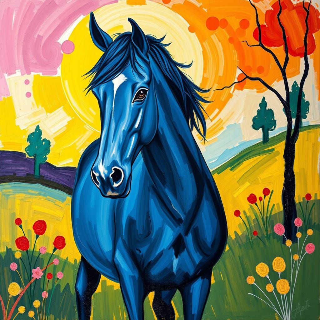 Blue Horse in Colorful Expressionist Landscape