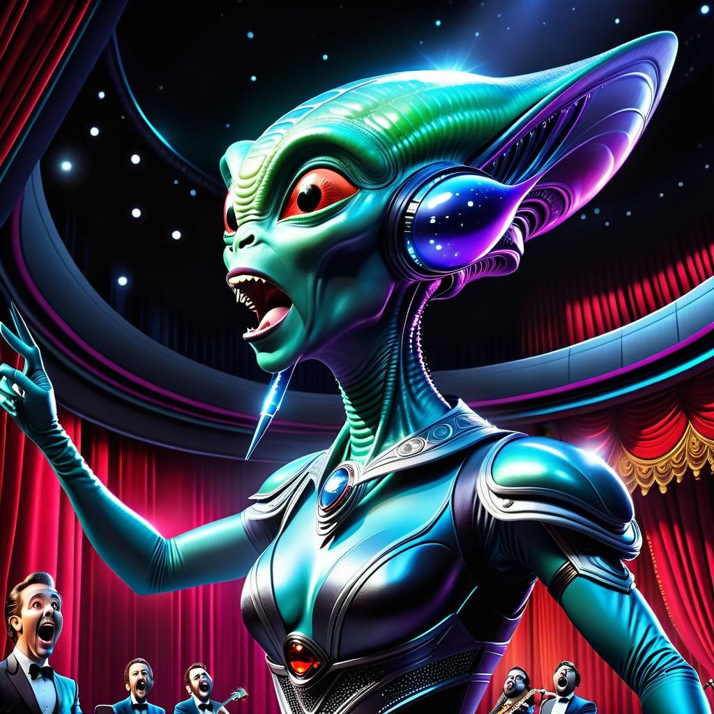 Hilarious Alien Opera Singer in Spaceship, 3D Render