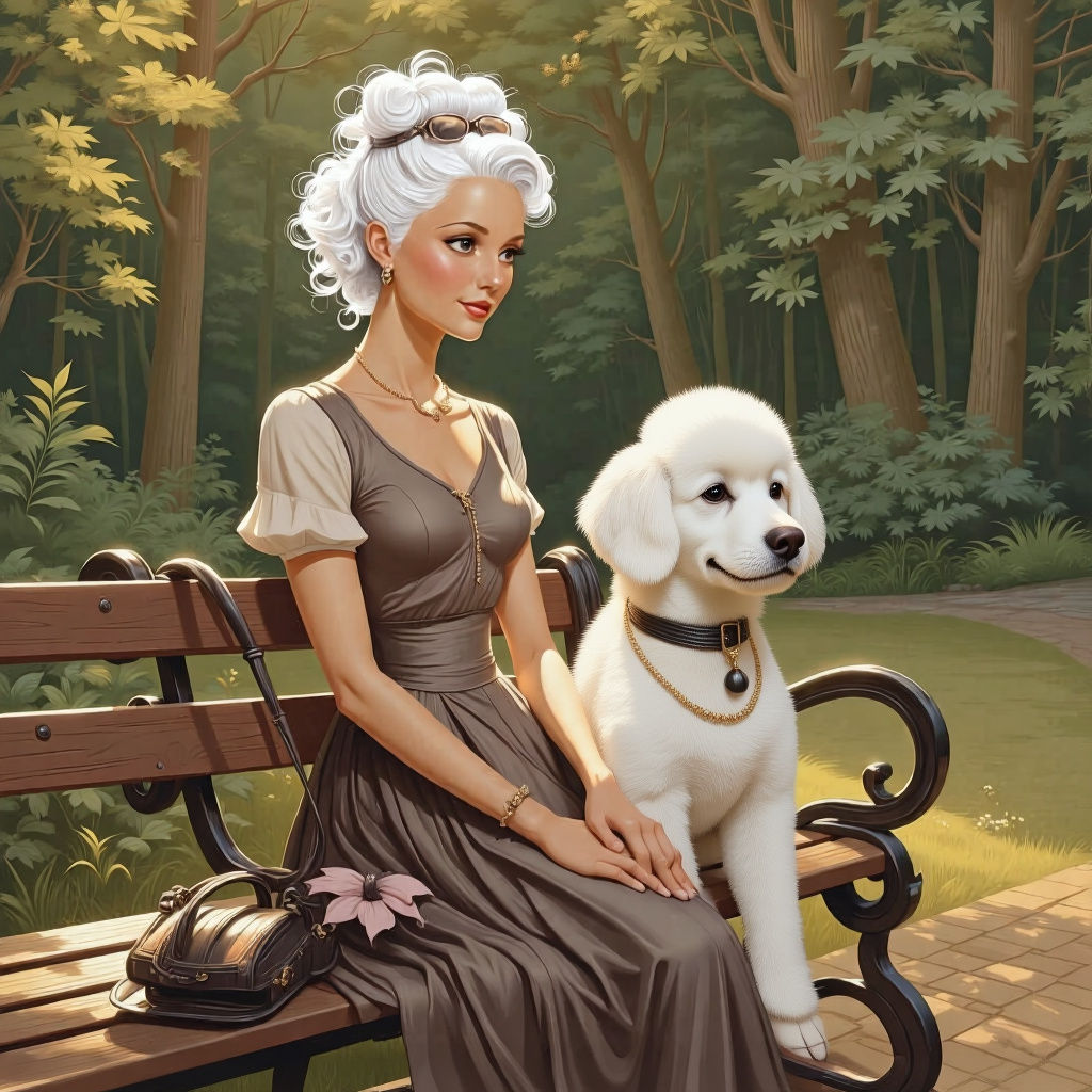 Elegant Woman and Poodle on Park Bench in 1920s Cartoon Styl...