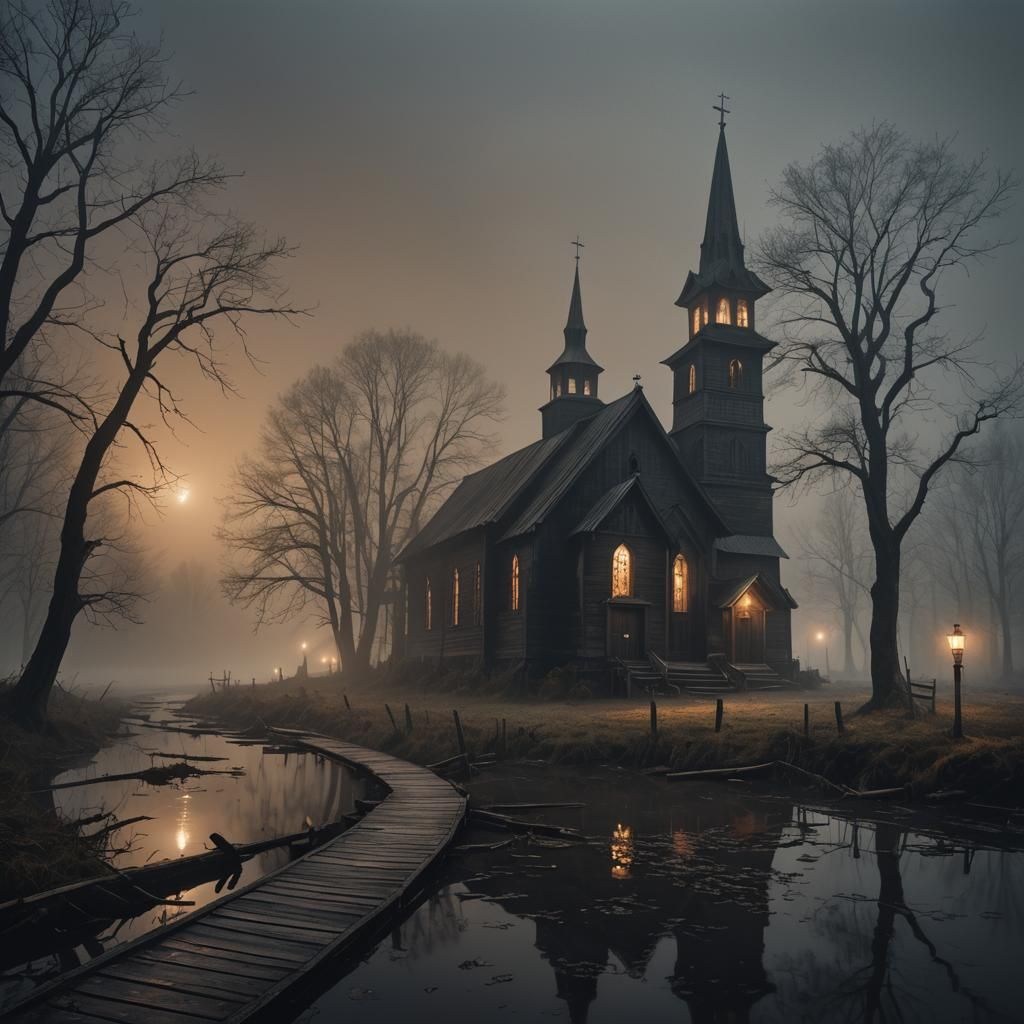 Eerie Abandoned Church in Fog: Dark Fantasy Concept Art