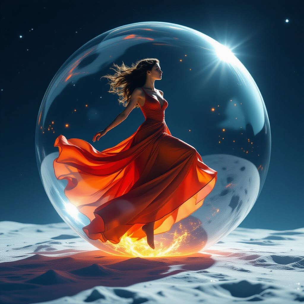 Ethereal Woman in Fire Dress Floating on the Moon