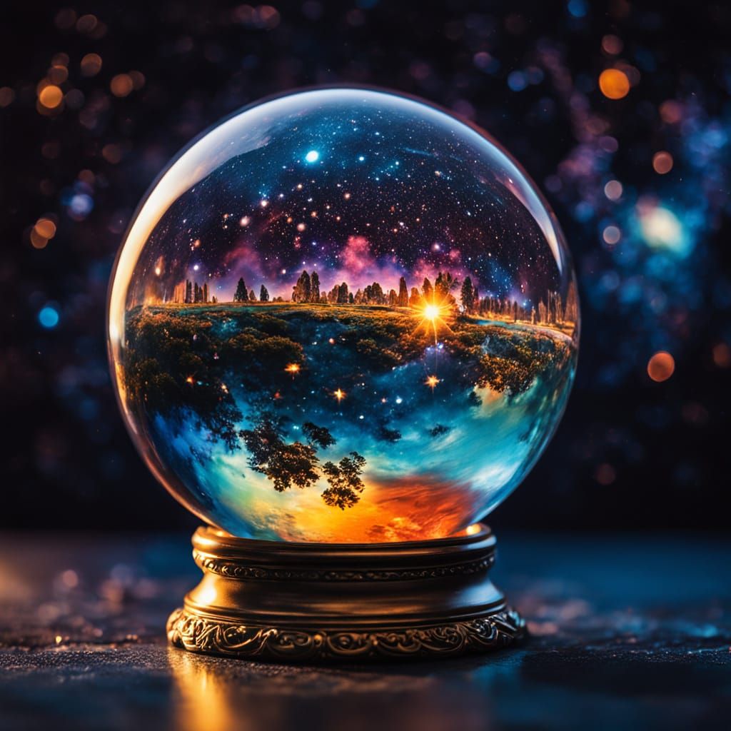 Crystal Ball Reflecting the Universe in Surreal Oil Painting