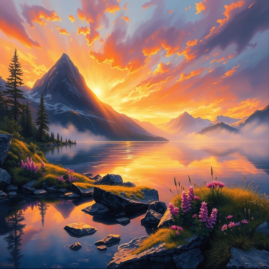 Alpine Lake Sunset: Ethereal Fantasy Painting