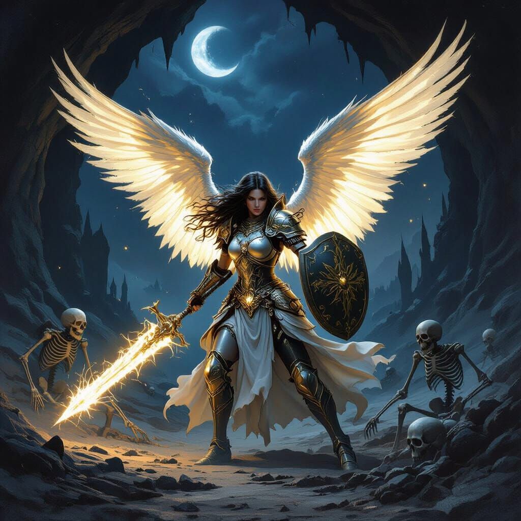 Female Paladin Fights Undead in Dark Fantasy Landscape