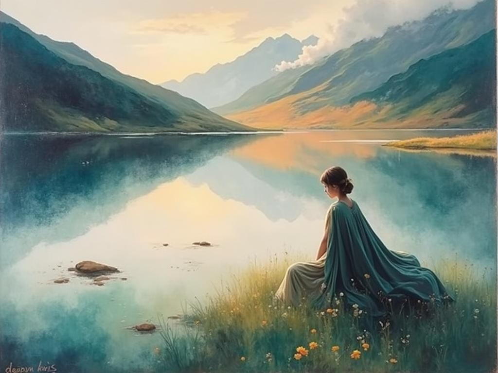 Contemplative Woman in Mountain Landscape, Impasto Gouache