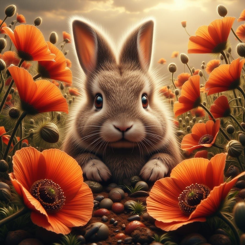 Hyper-detailed Bunny Among Orange Poppies in Surreal Style