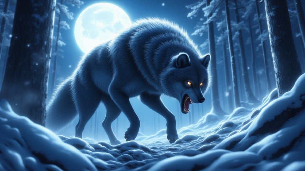 Powerful Wolf Snarls on Snowy Ridge in Moonlight