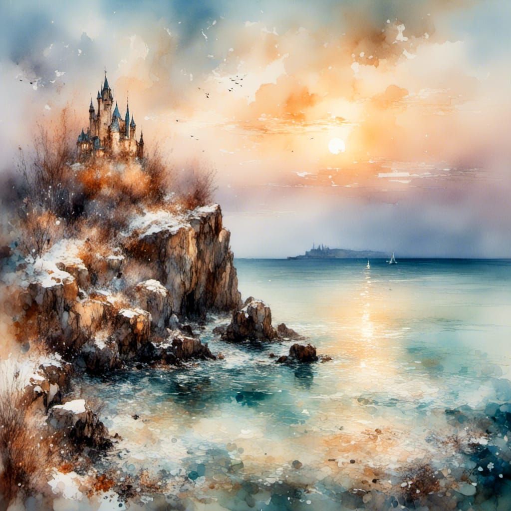 Ethereal Island Castle Reflected, Watercolor Landscape