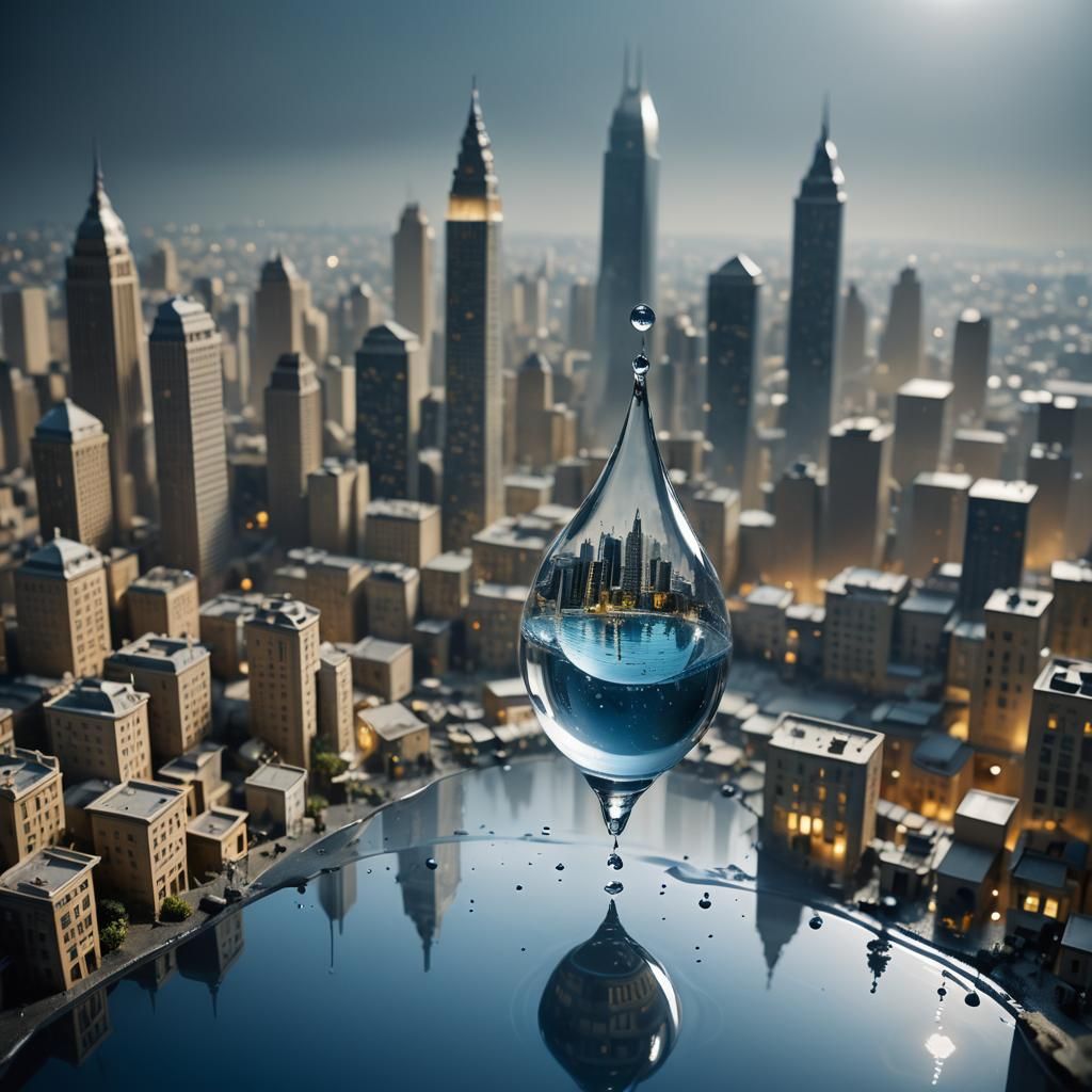 Water Drop Reflecting Futuristic City in Surreal Style