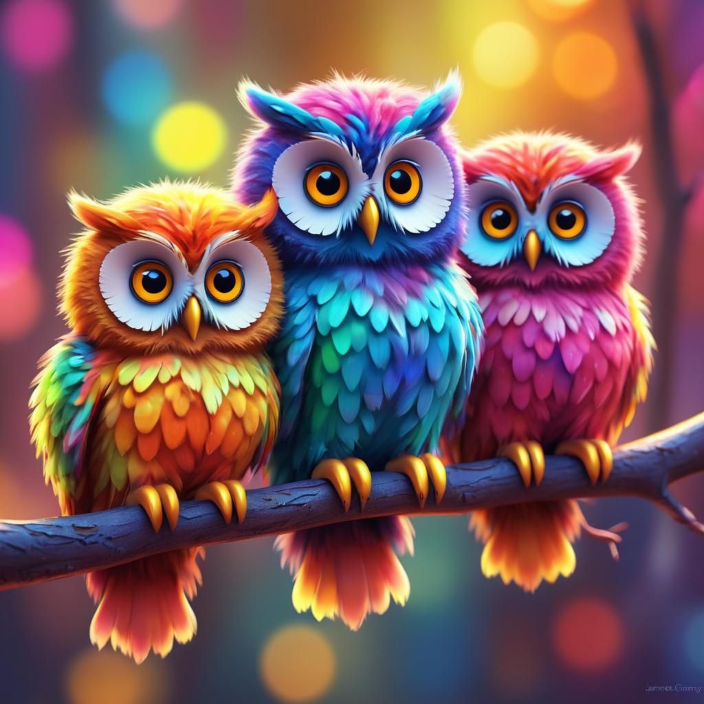 Colorful Fluffy Owls on Branch: Hyper-Realistic Digital Art