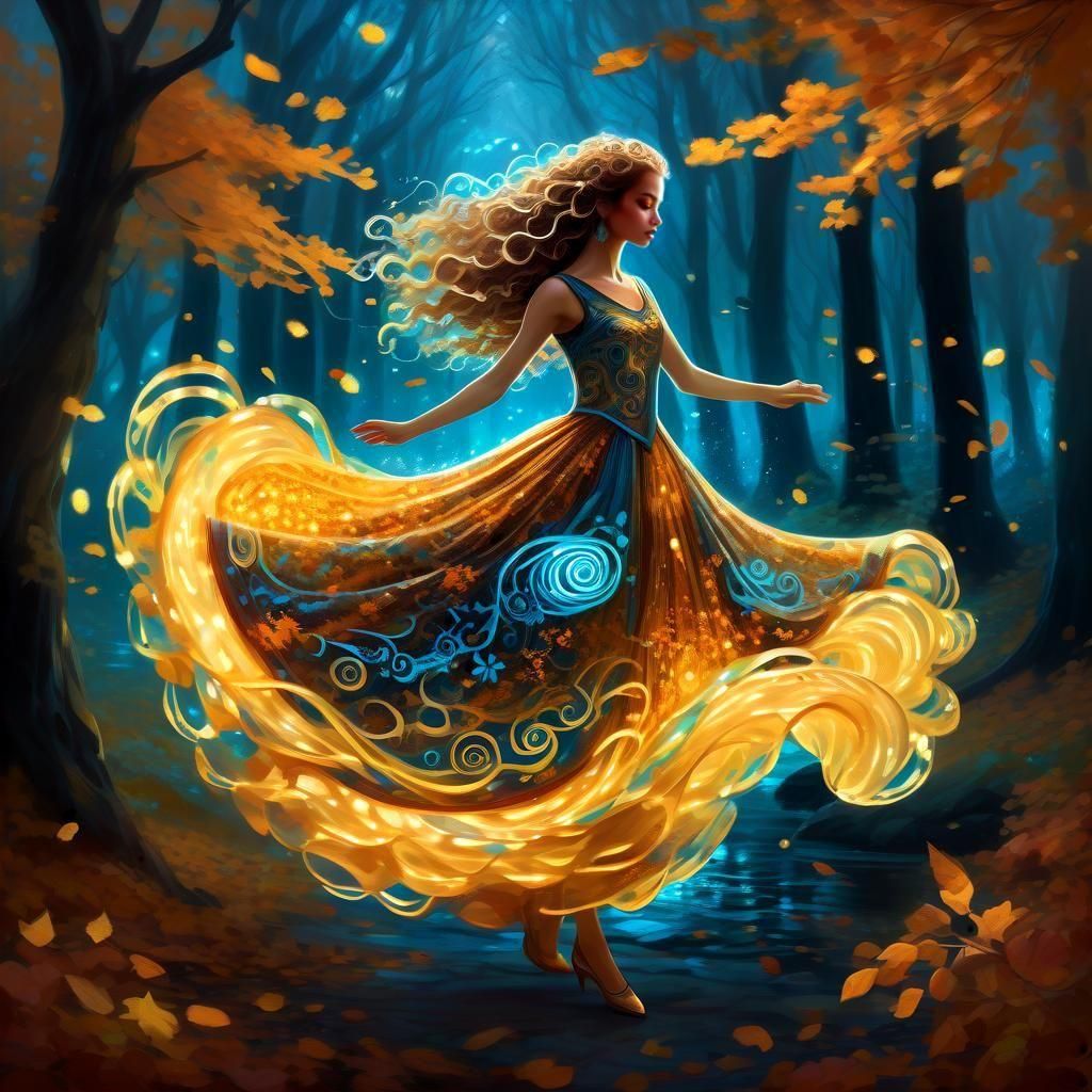 Bioluminescent Dancer in Autumn Forest