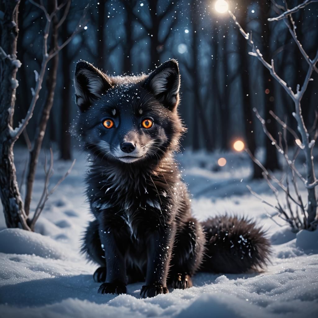 Adorable Black Fox Cub with Glowing Eyes