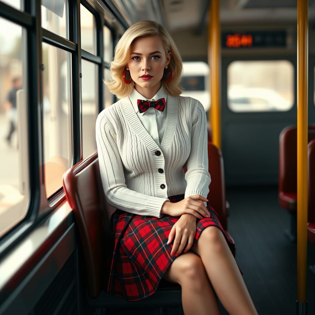 Elegant Woman on a Bus in a Bold Red Plaid Skirt