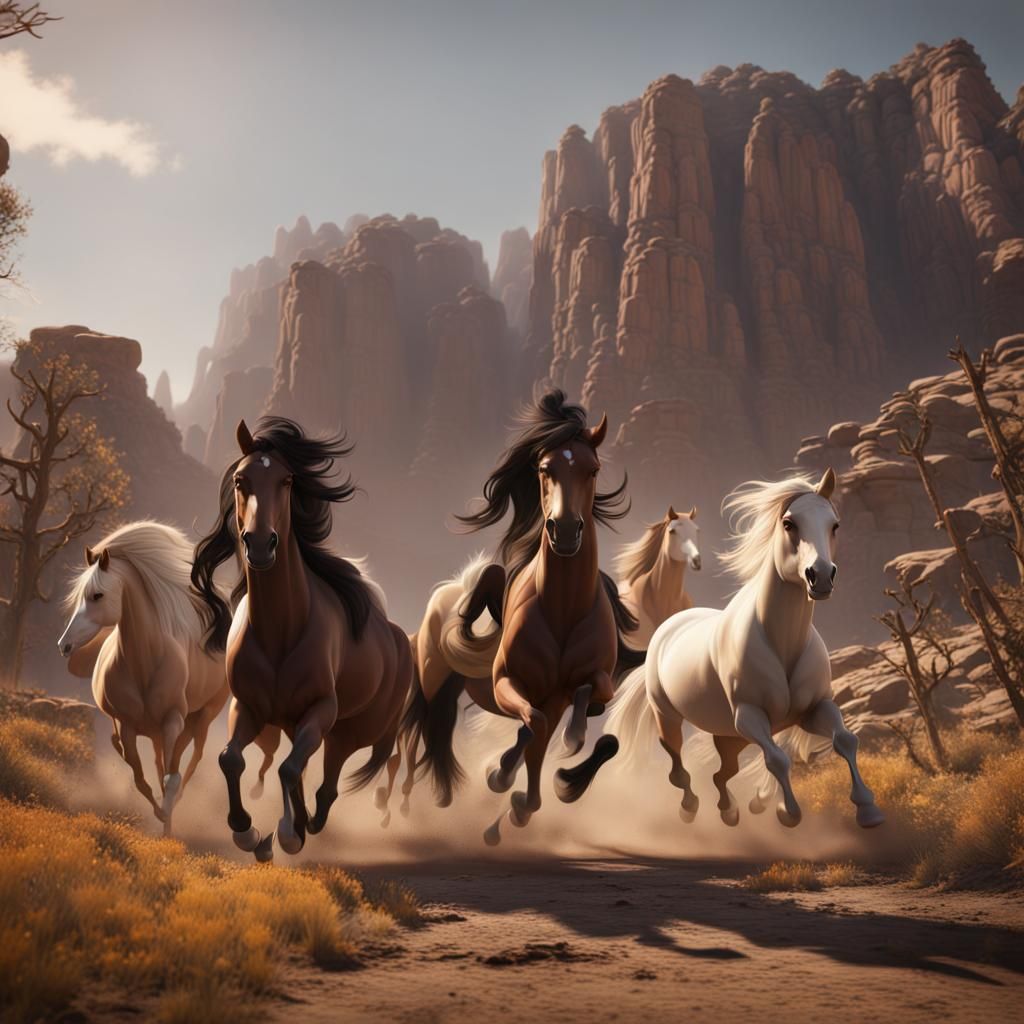 Wild West Horses Galloping: Detailed Digital Painting