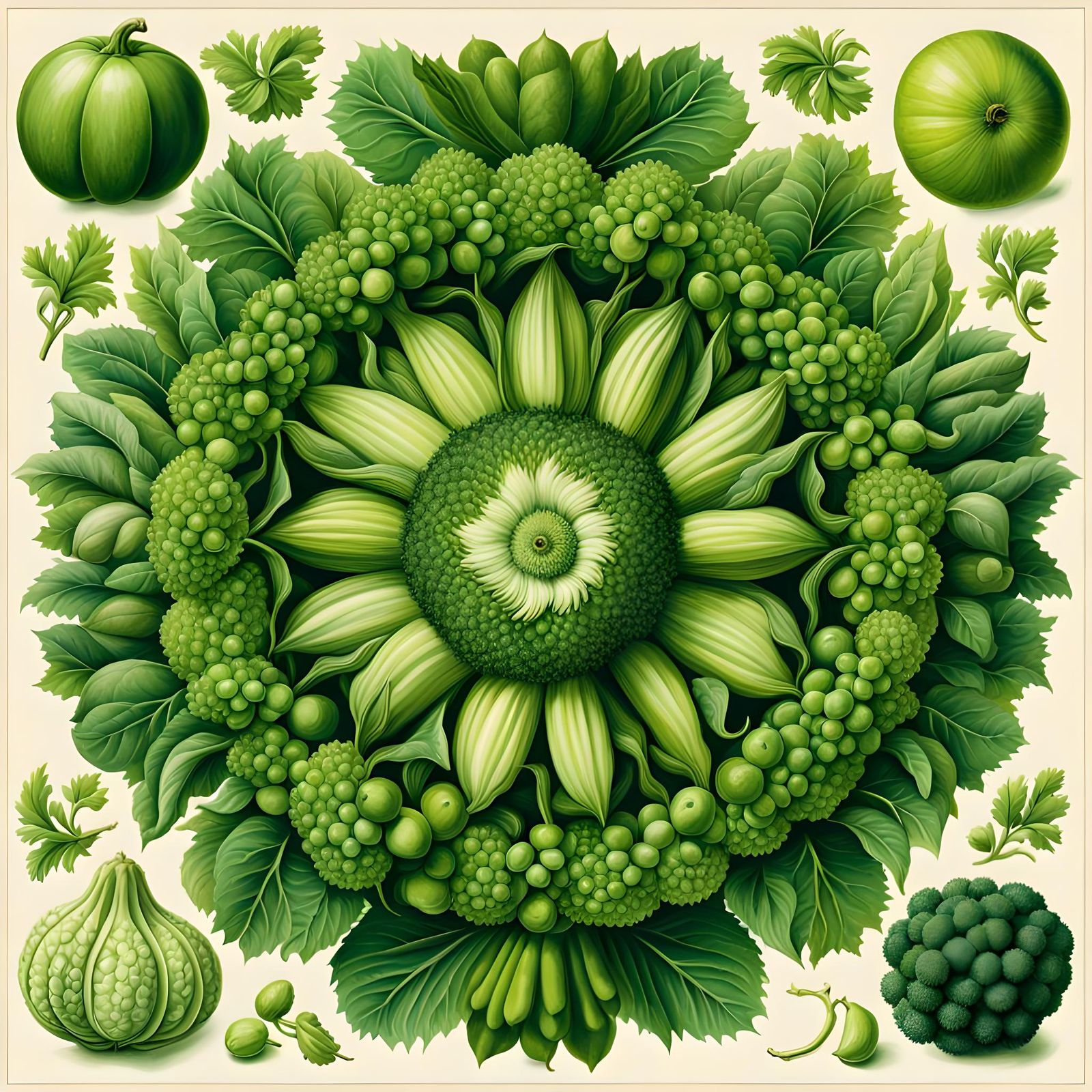 Green Fruit and Vegetable Mandala Illustration