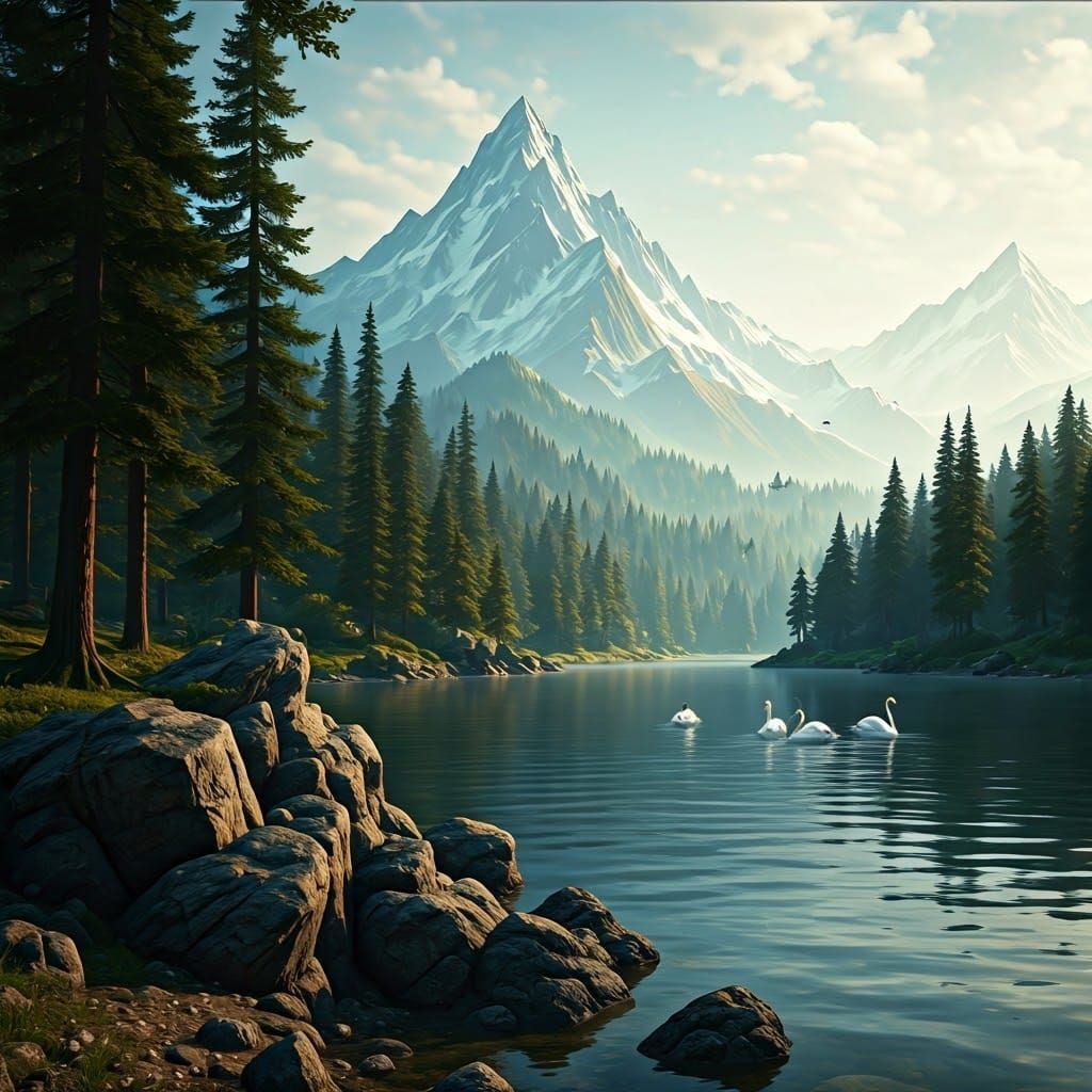 Idyllic Lake Scene with Swans and Distant Alps