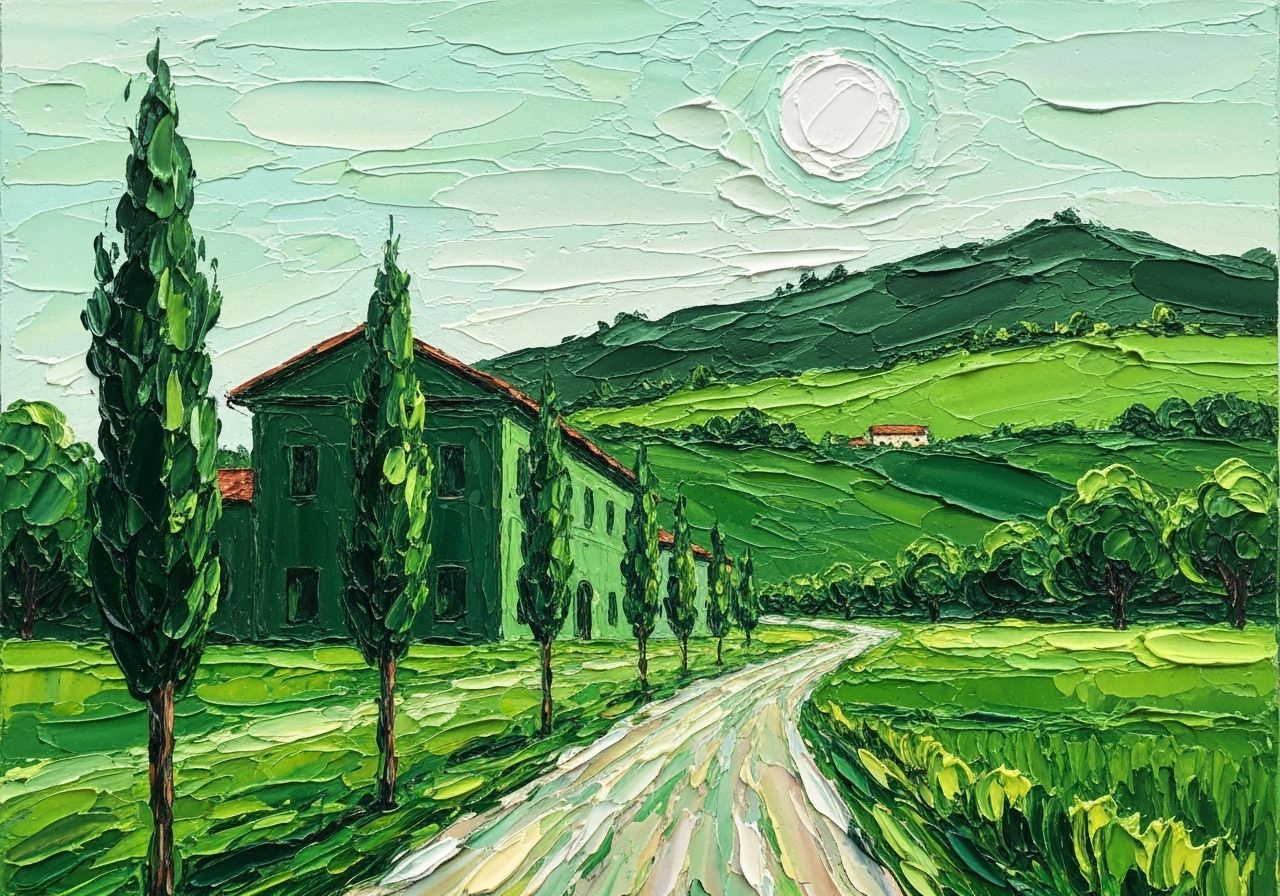 Impasto Painting of Italian Villa with Rolling Green Hills