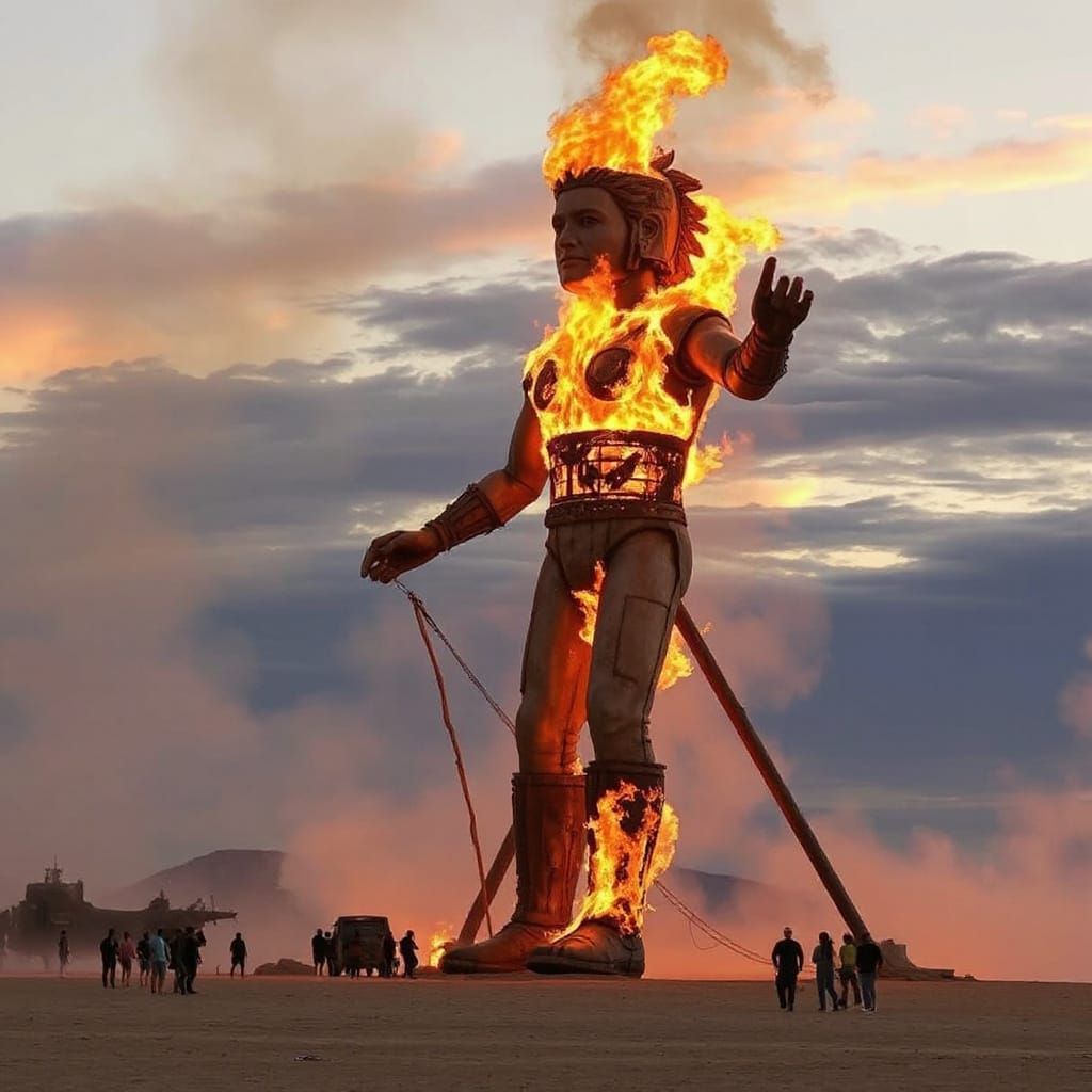 Burning Man Festival Statue Ablaze in a Fiery Aesthetic