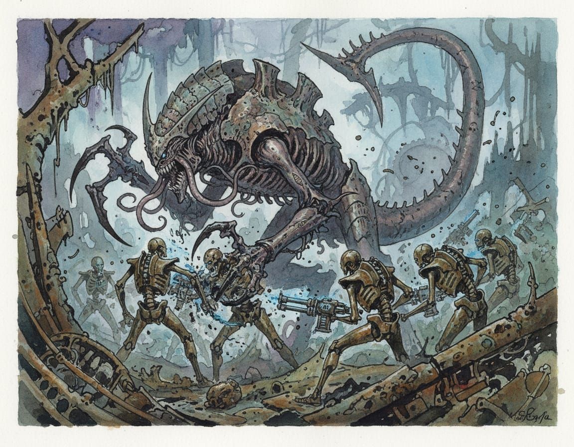 Tyranid Lictor Ambush on Necron Warriors in Watercolor Style