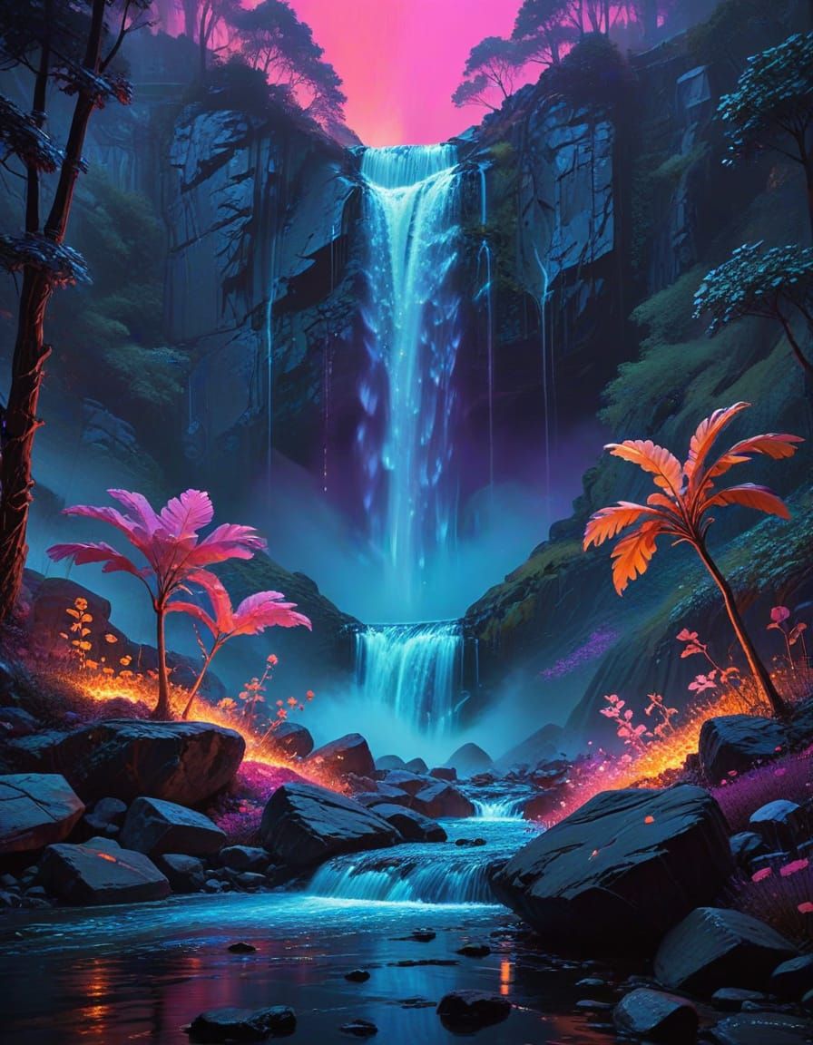 Ethereal Waterfall in Vibrant, Neon Colors