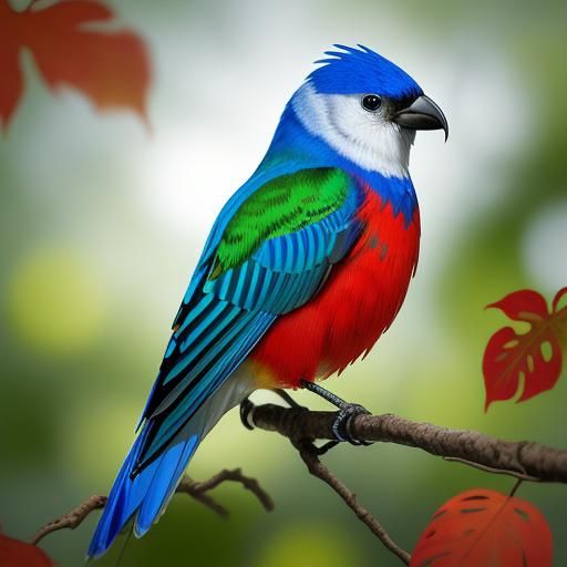Colorful Bird Perched on Branch in Hyperrealistic Style
