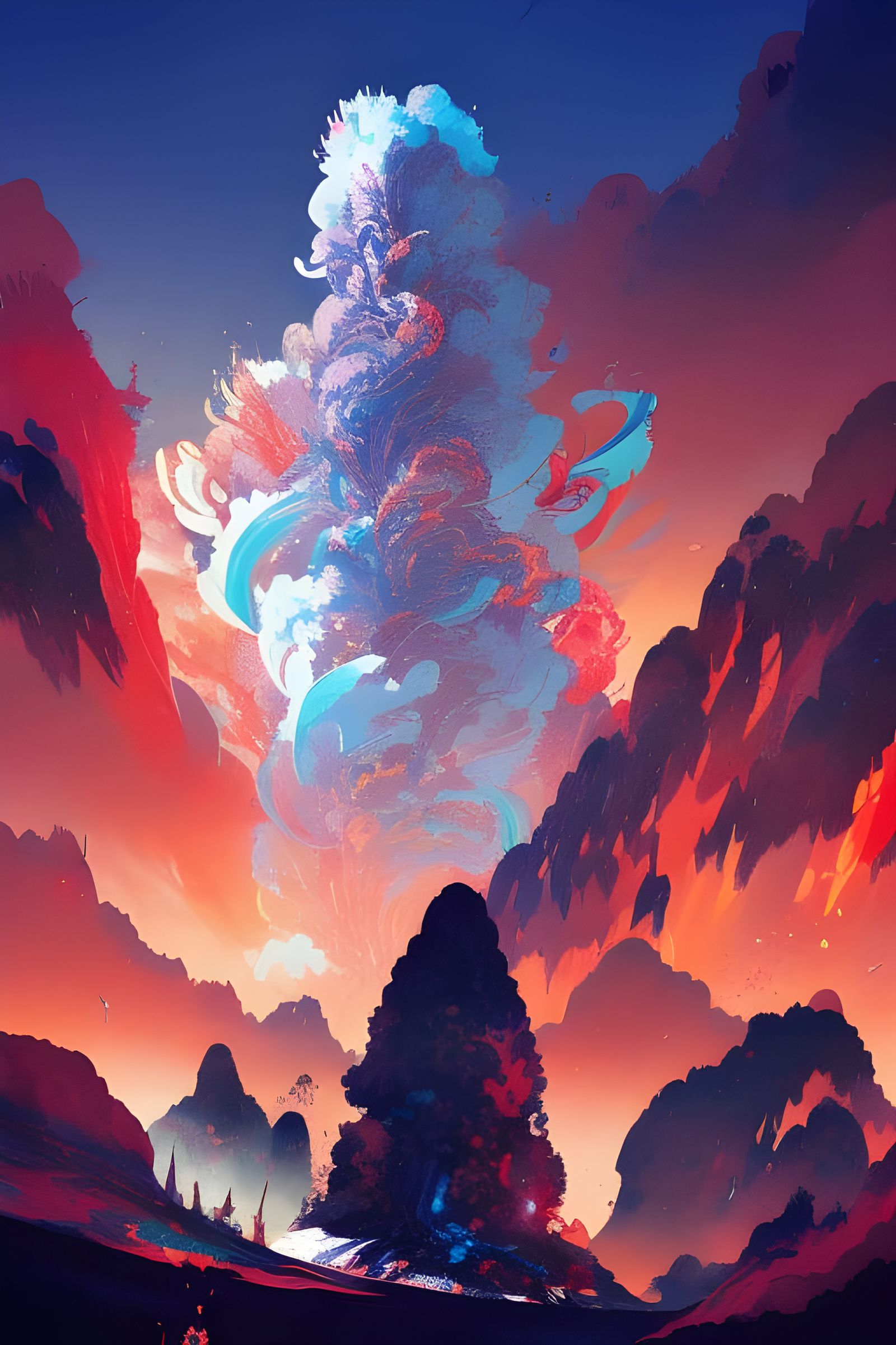 Volcanic Eruption in Composite Art Style