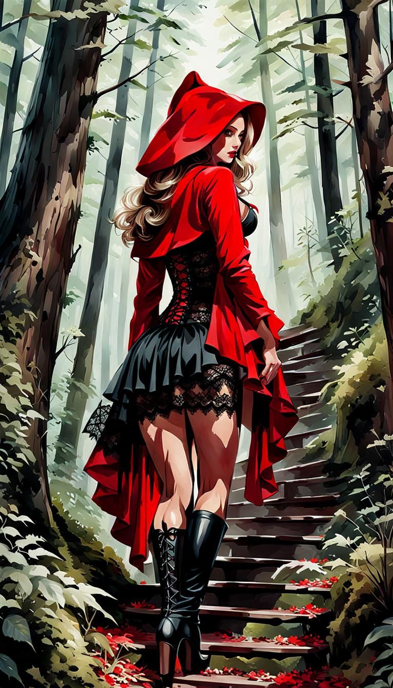 Elegant Red Riding Hood Ascends Stairway: Watercolor Portrai...