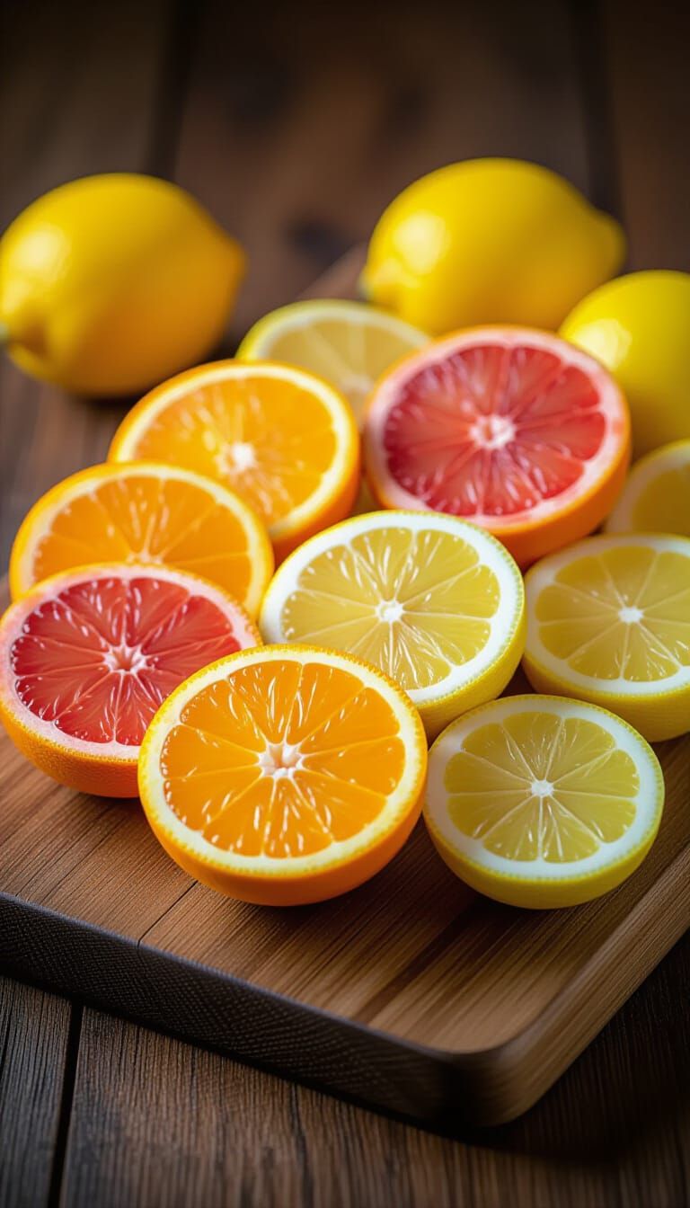 Vibrant Sliced Citrus Fruits on Rustic Cutting Board