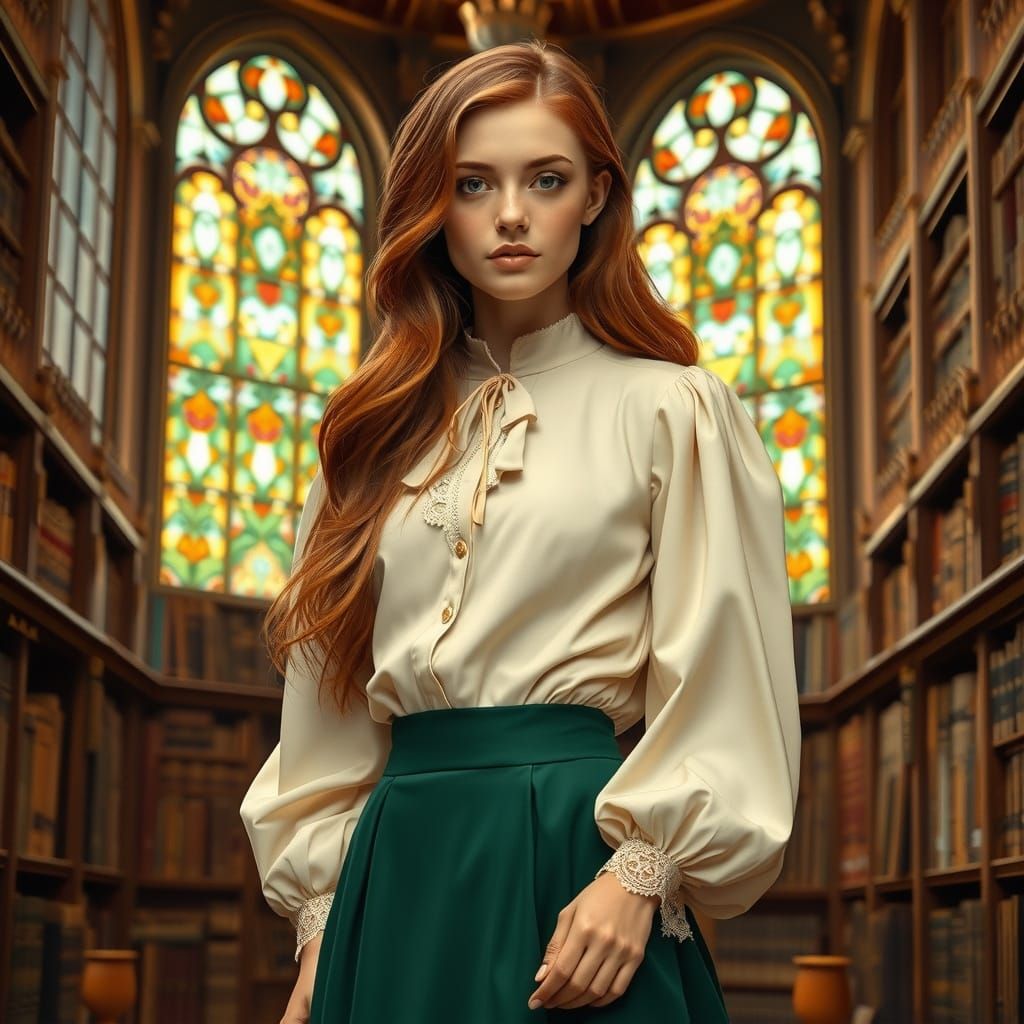 Woman in Library with Pre-Raphaelite Aesthetic