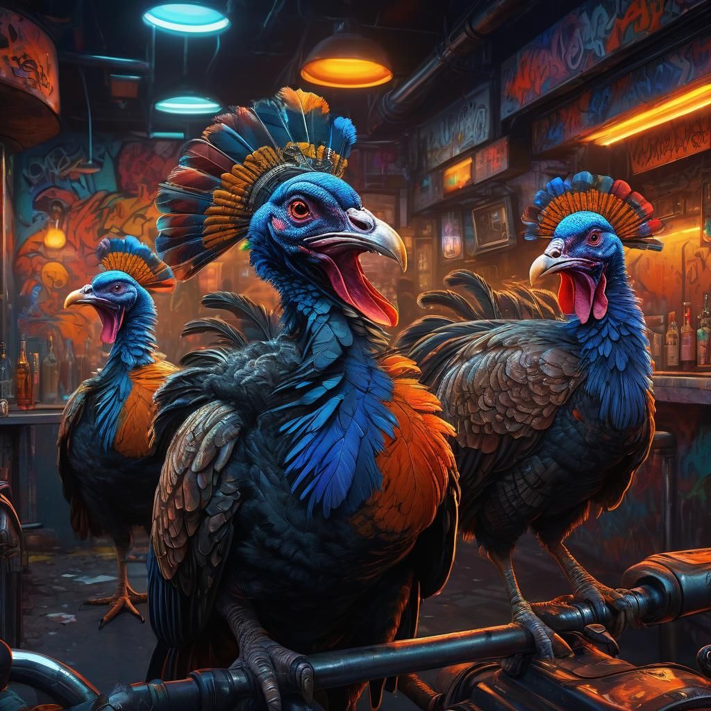 Biker Turkeys in Graffiti Bar: Fantasy Concept Art
