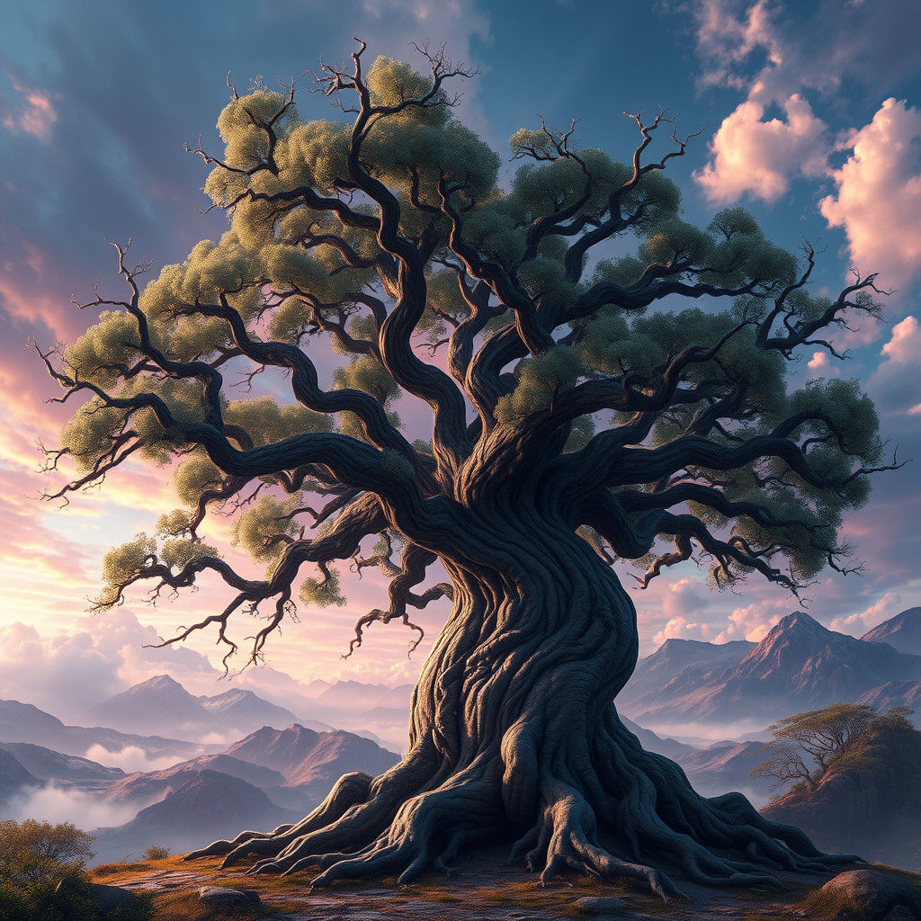 Majestic Ancient Tree in Dreamlike Landscape
