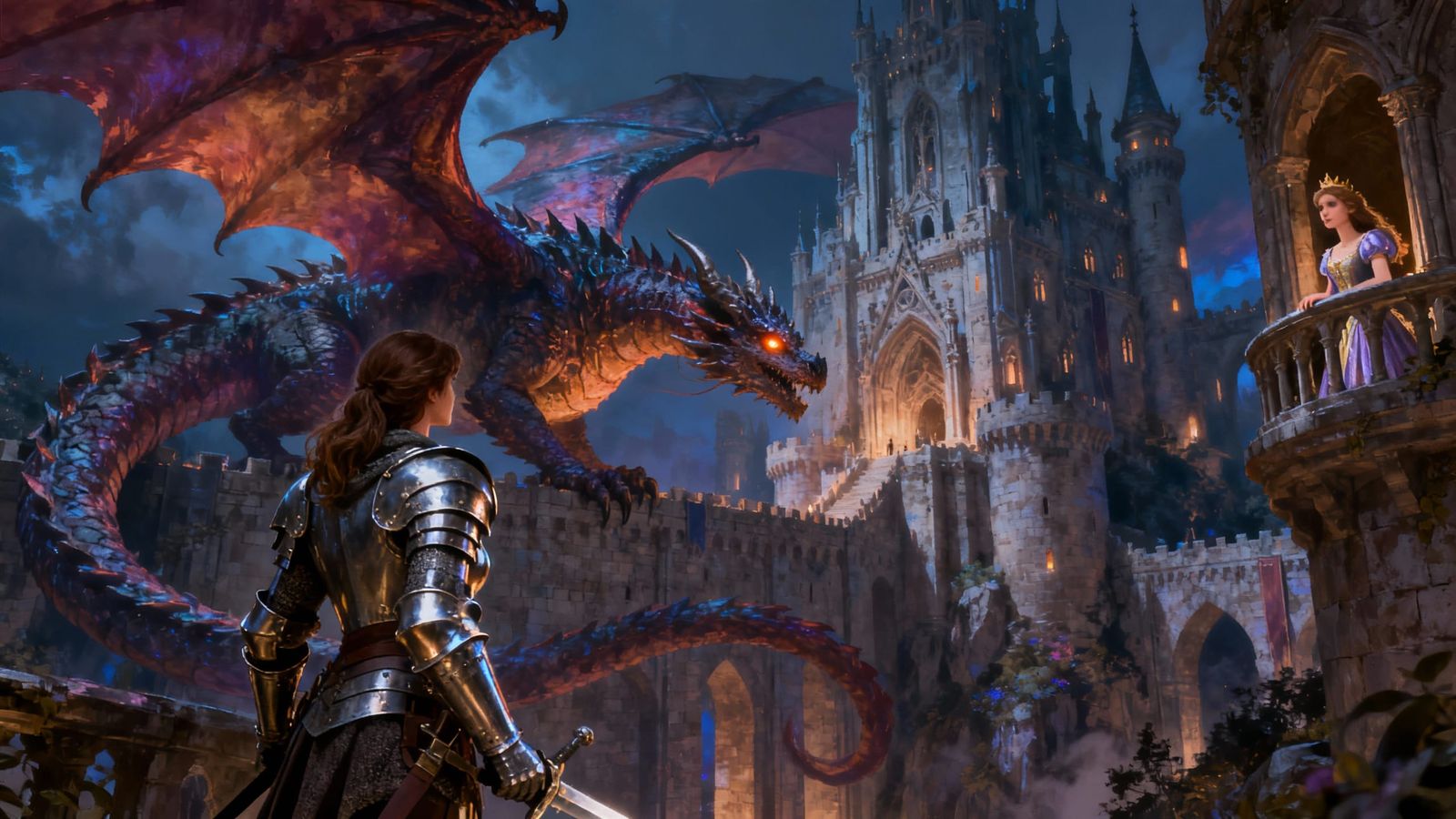 Brave Knight Faces Dragon Before Castle