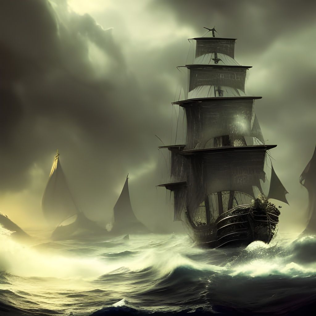Pirate Ship Amidst Stormy Seas in Detailed Matte Painting