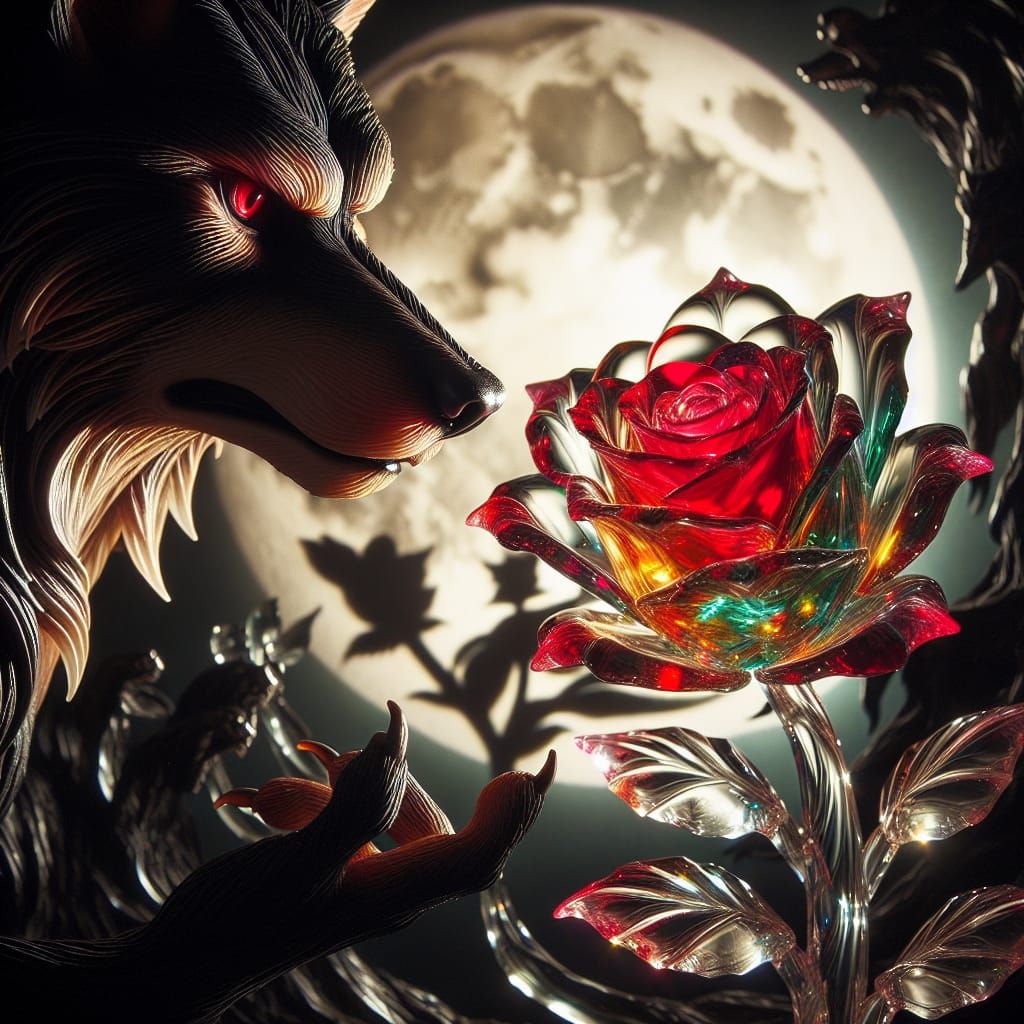 Werewolf Gazing at Crystal Rose in Dark Fantasy Style