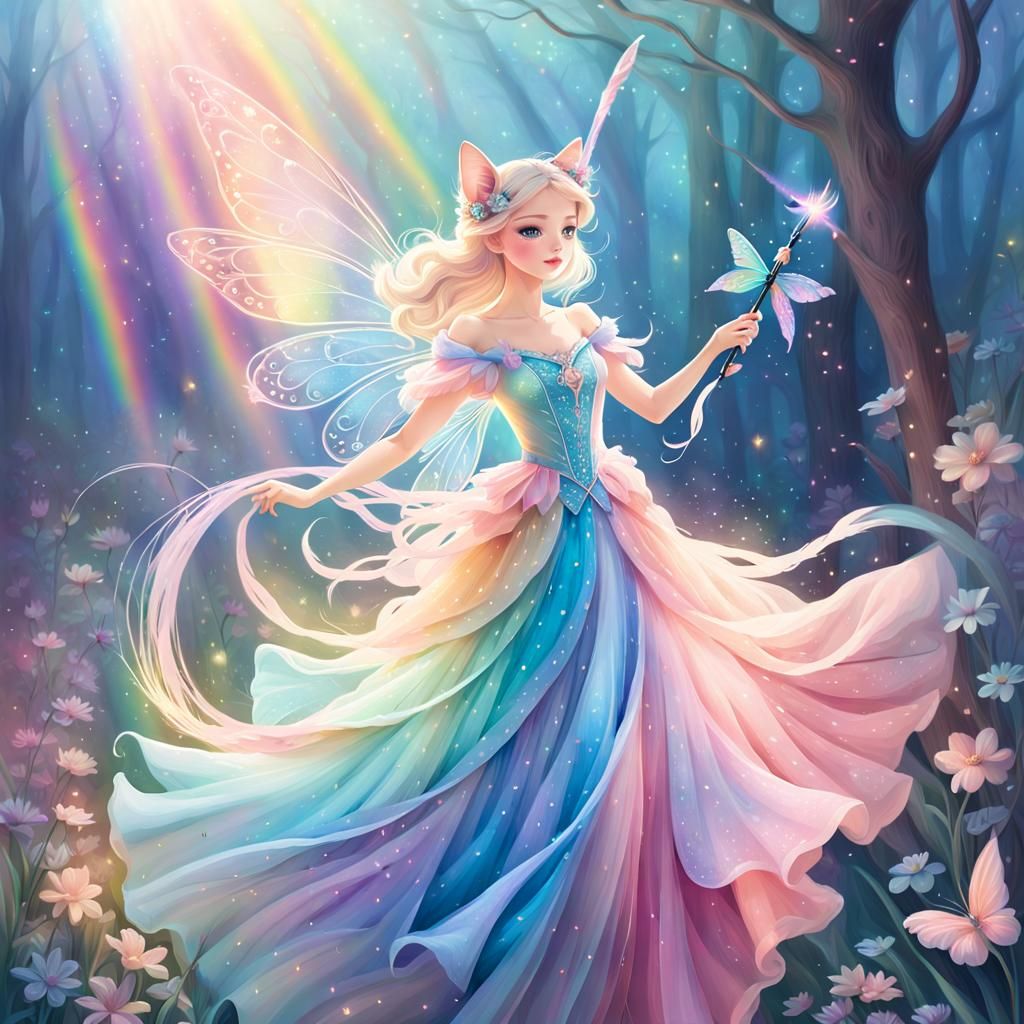 Pastel Fairy Rides a Cat in Dreamy Wonderland