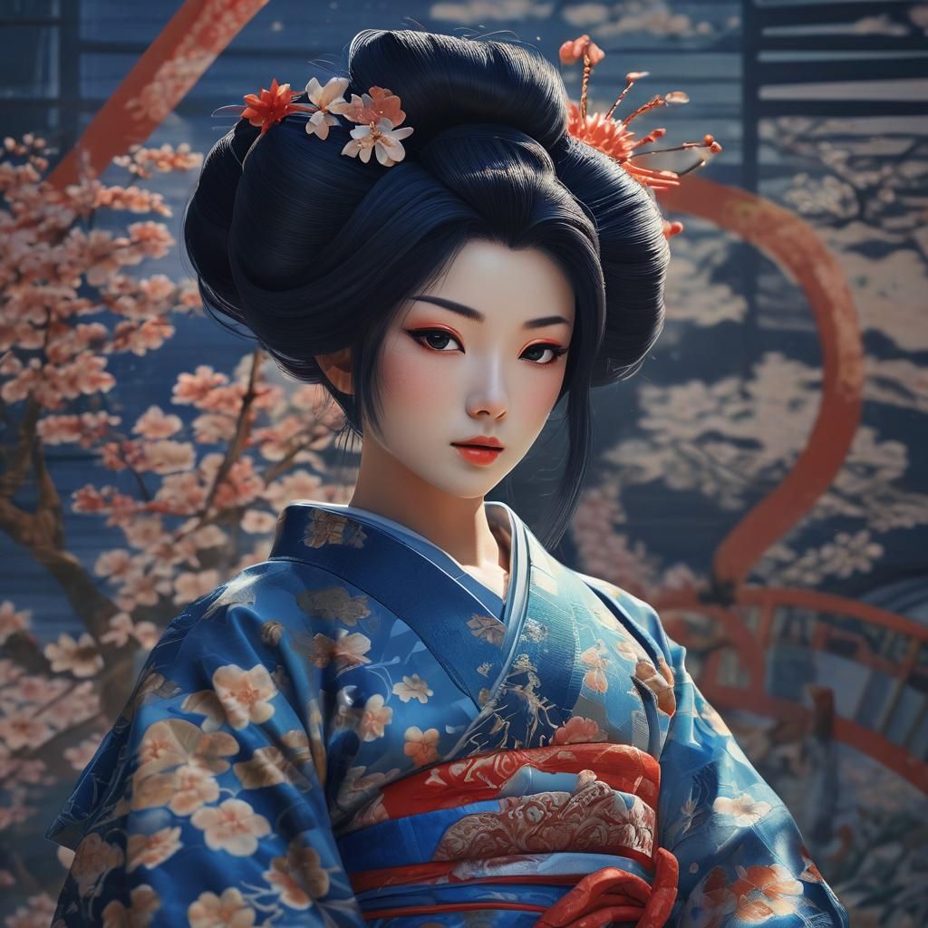 Geisha in Blue Kimono: Anime Portrait
