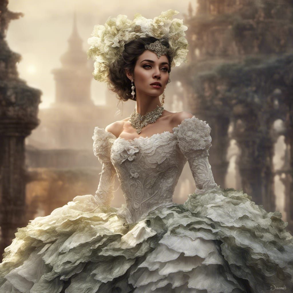 A beautiful Spanish woman wearing a pearl and brocade white wedding dress, cabbage leaf edged.