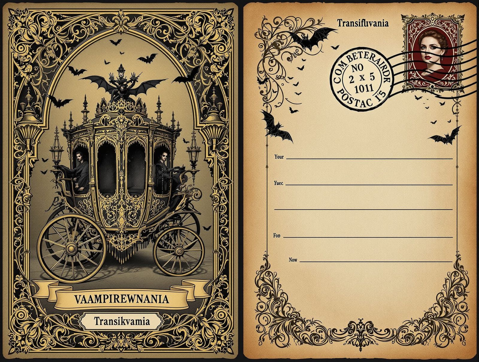 Gothic Victorian Postcards with Vampire Carriage